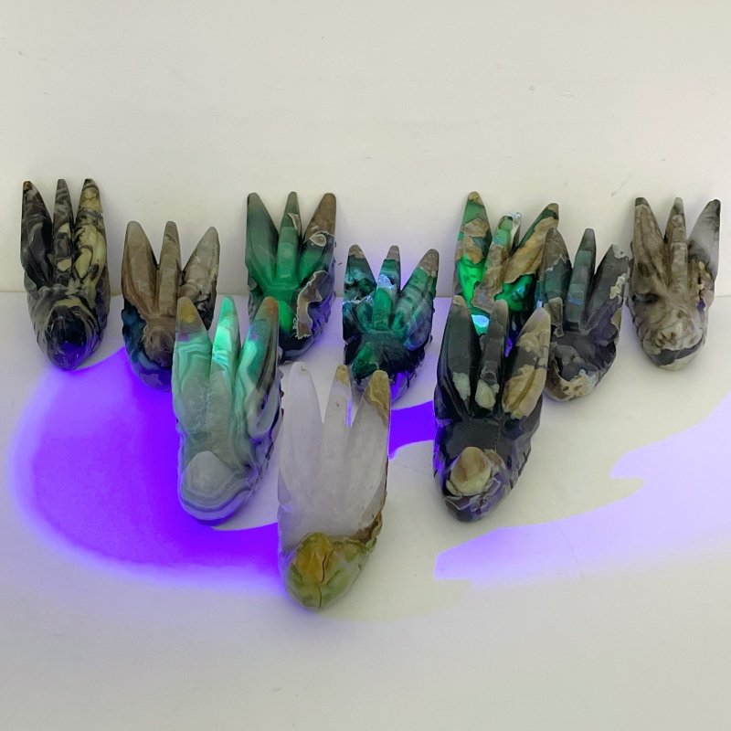 10 Pieces Volcanic Agate Dragon Head Carving Closeout(UV - Reactive) - Wholesale Crystals
