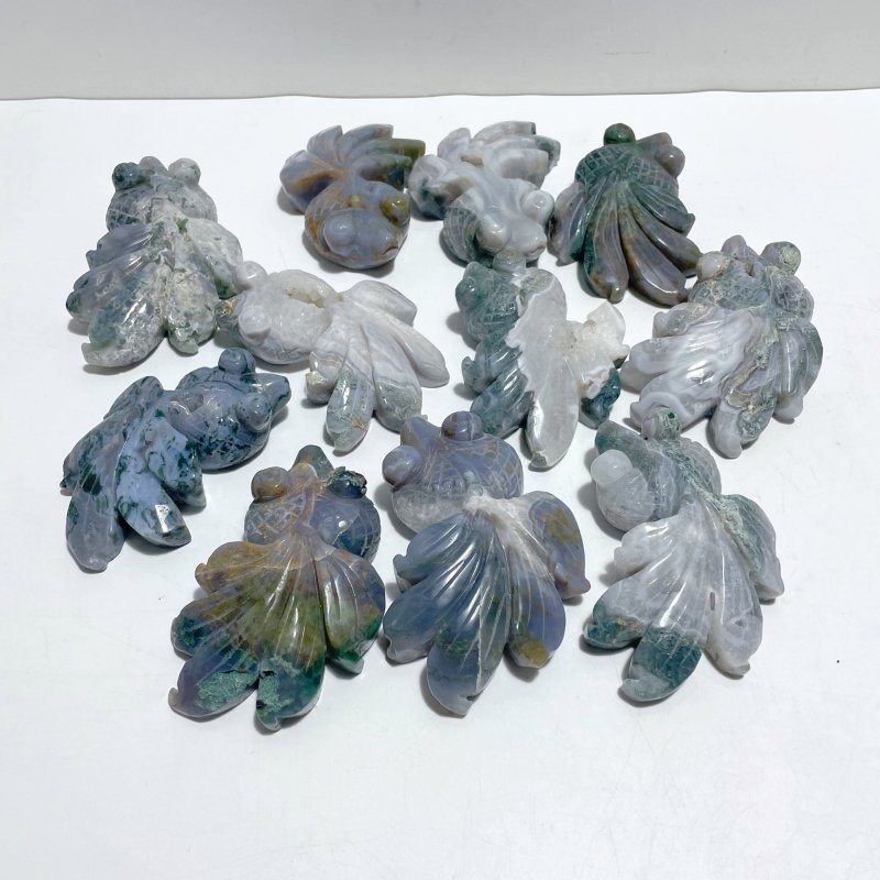 11 Pieces Moss Agate Goldfish Carving - Wholesale Crystals