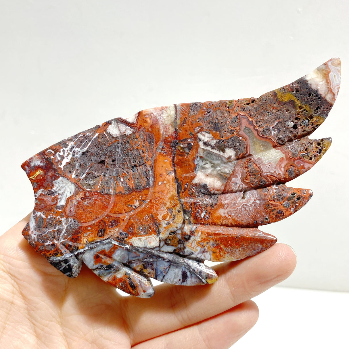 Unique Morocco Agate Heart Wing Carving With Stand