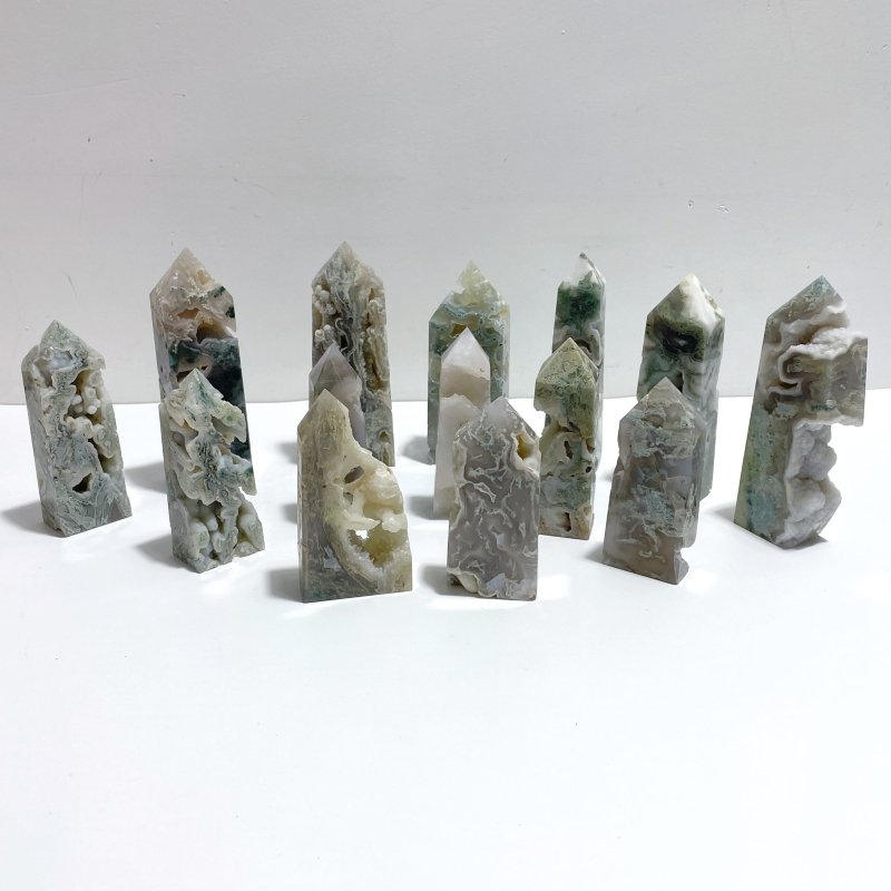 14 Pieces White Geode Druzy Moss Agate Tower Point - Wholesale Crystals