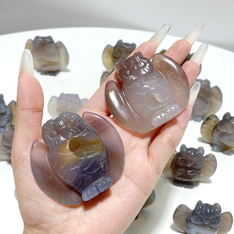 18 Pieces Geode Druzy Agate Owl Carving - Wholesale Crystals