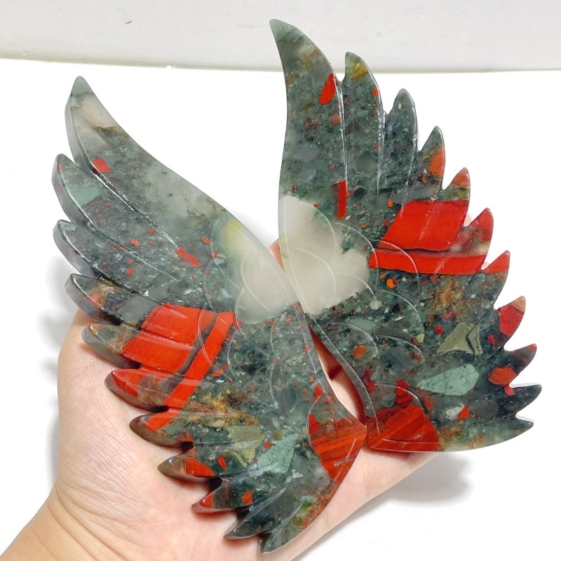 2 Pairs Angel Wing Carving With Stand Africa Blood Stone Morocco Agate - Wholesale Crystals
