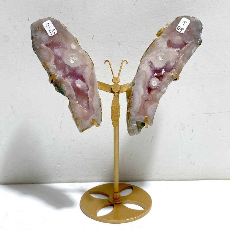2 Pairs Geode Druzy Pink Amethyst Slab Butterfly Wing Carving With Stand #4 -Wholesale Crystals