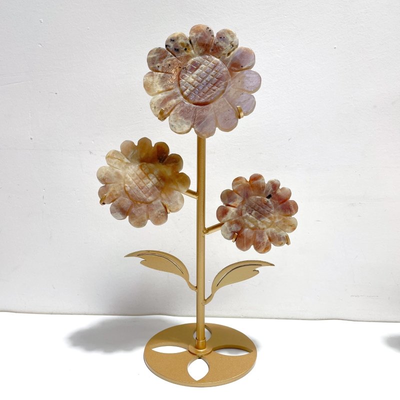 2 Pairs Sunstone Mixed Moonstone Sunflower Carving With Stand - Wholesale Crystals