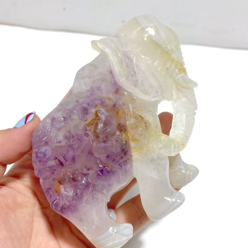 2 Pieces Amethyst Mixed Geode Druzy Agate Elephant Animal Carving A21 - Wholesale Crystals