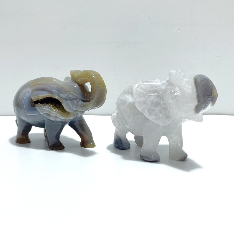 2 Pieces Beautiful Geode Agate Druzy Elephant Carving - Wholesale Crystals