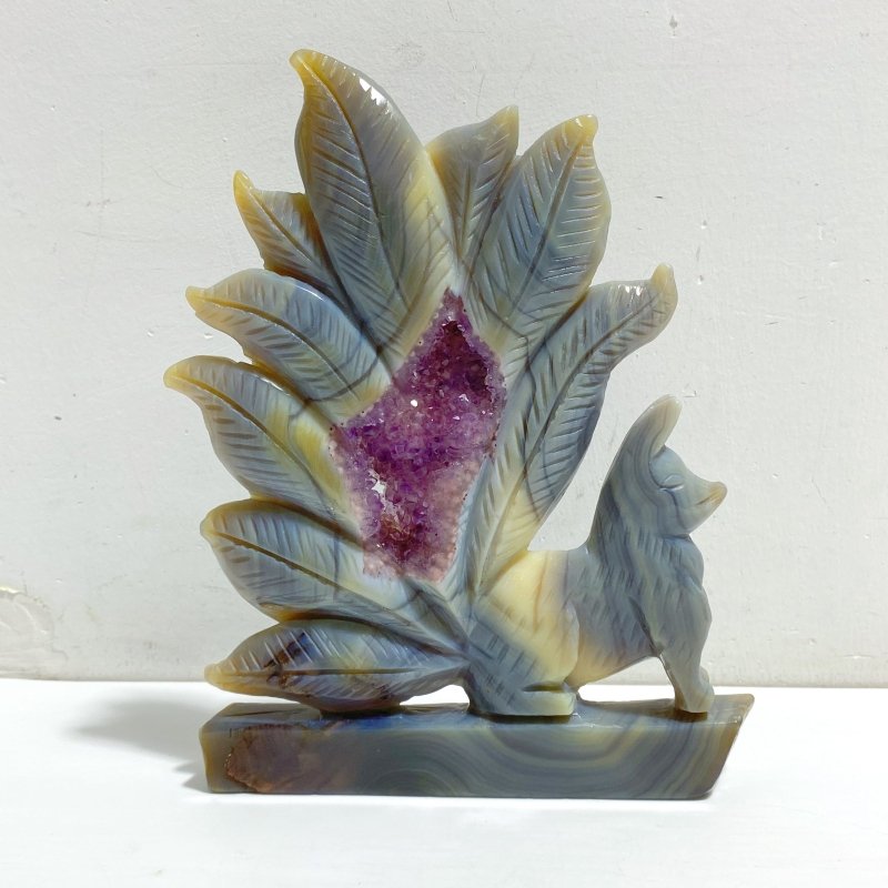 2 Pieces Beautiful Geode Druzy Agate Nine-tailed Fox Carving 5 -Wholesale Crystals
