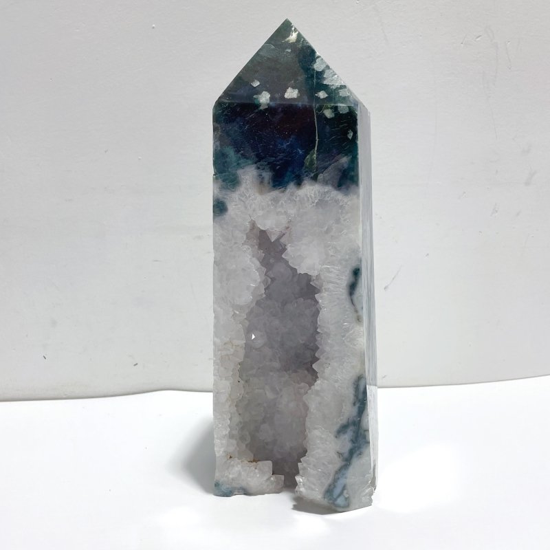 2 Pieces Large Geode Druzy Moss Agate Four - sided Point - Wholesale Crystals