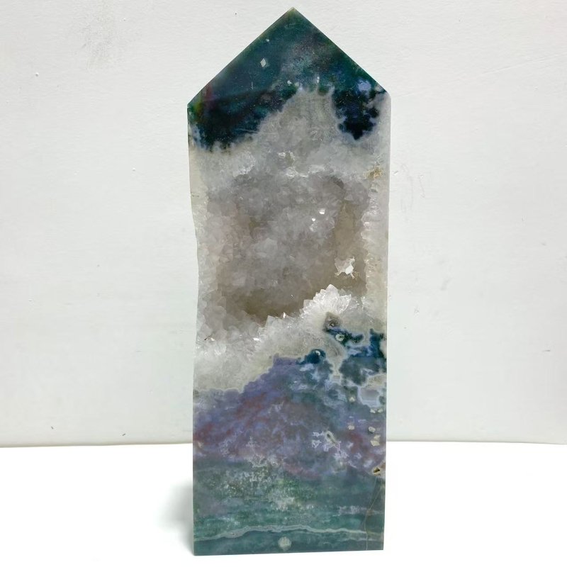 2 Pieces Large Geode Druzy Moss Agate Tower Point - Wholesale Crystals