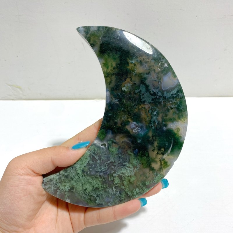 2 Pieces Large Moss Agate Moon Carving With Stand - Wholesale Crystals