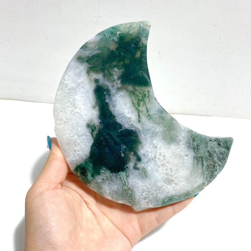 2 Pieces Large Moss Agate Moon With Stand Home Decor - Wholesale Crystals
