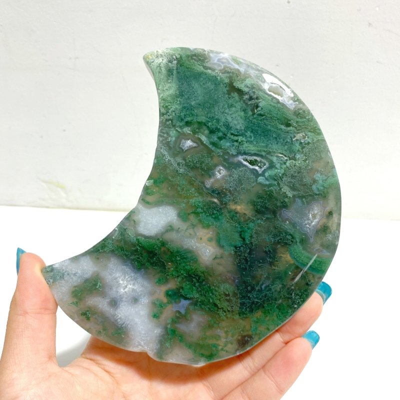 2 Pieces Large Moss Agate Moon With Stand Home Decor - Wholesale Crystals