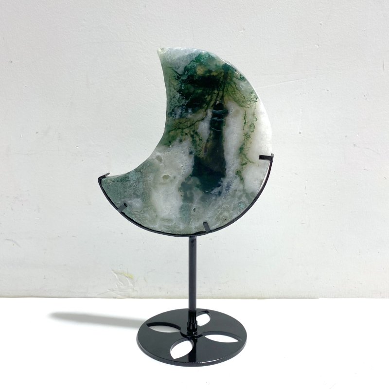 2 Pieces Large Moss Agate Moon With Stand Home Decor - Wholesale Crystals