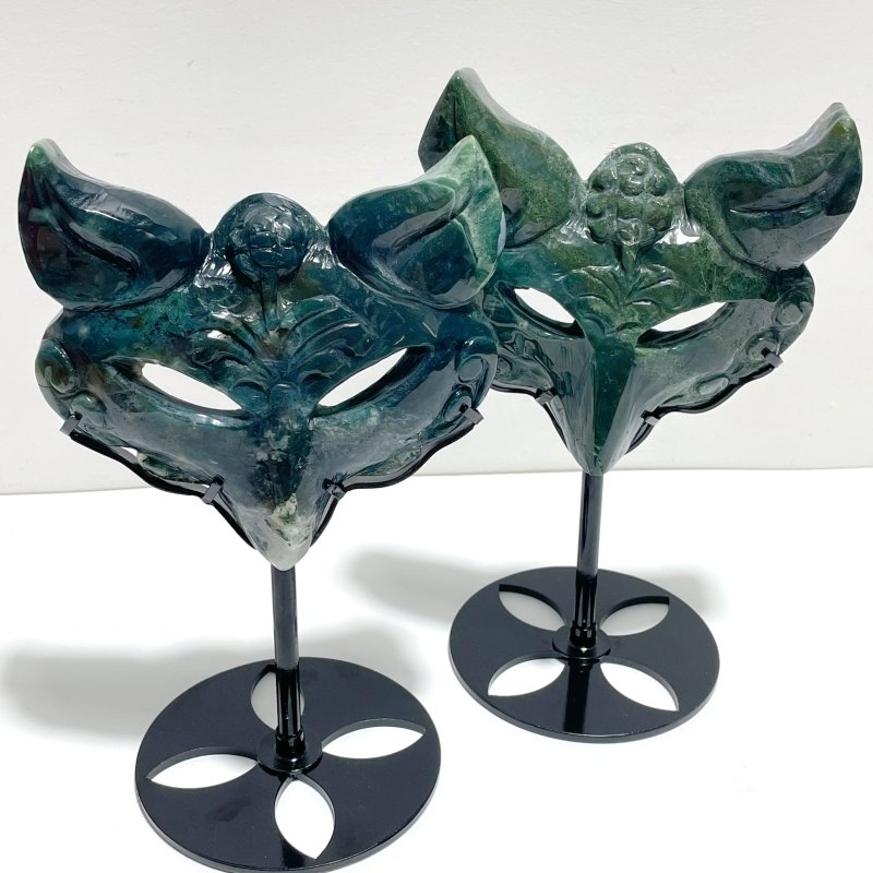 2 Pieces Moss Agate Fox Mask Carving With Stand - Wholesale Crystals