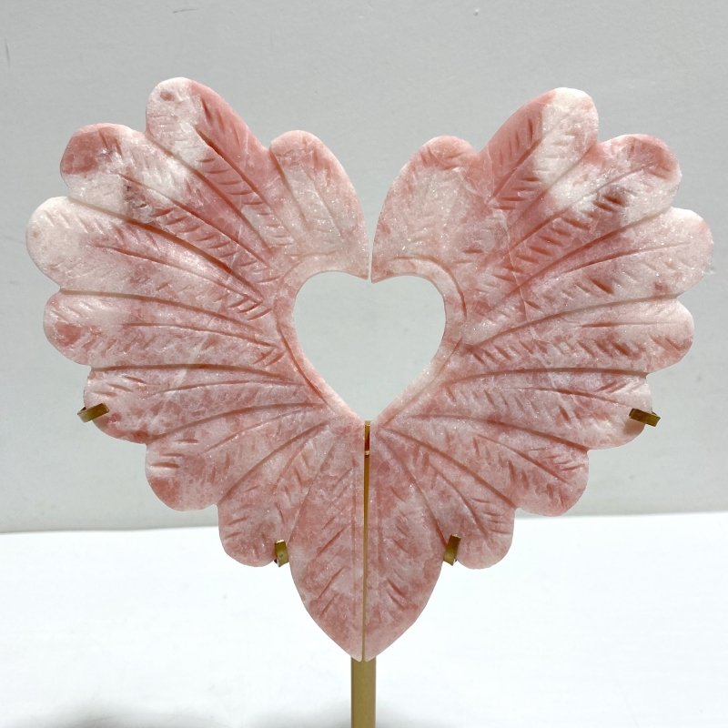 2 Pieces Pink Opal Heart Carving With Stand - Wholesale Crystals