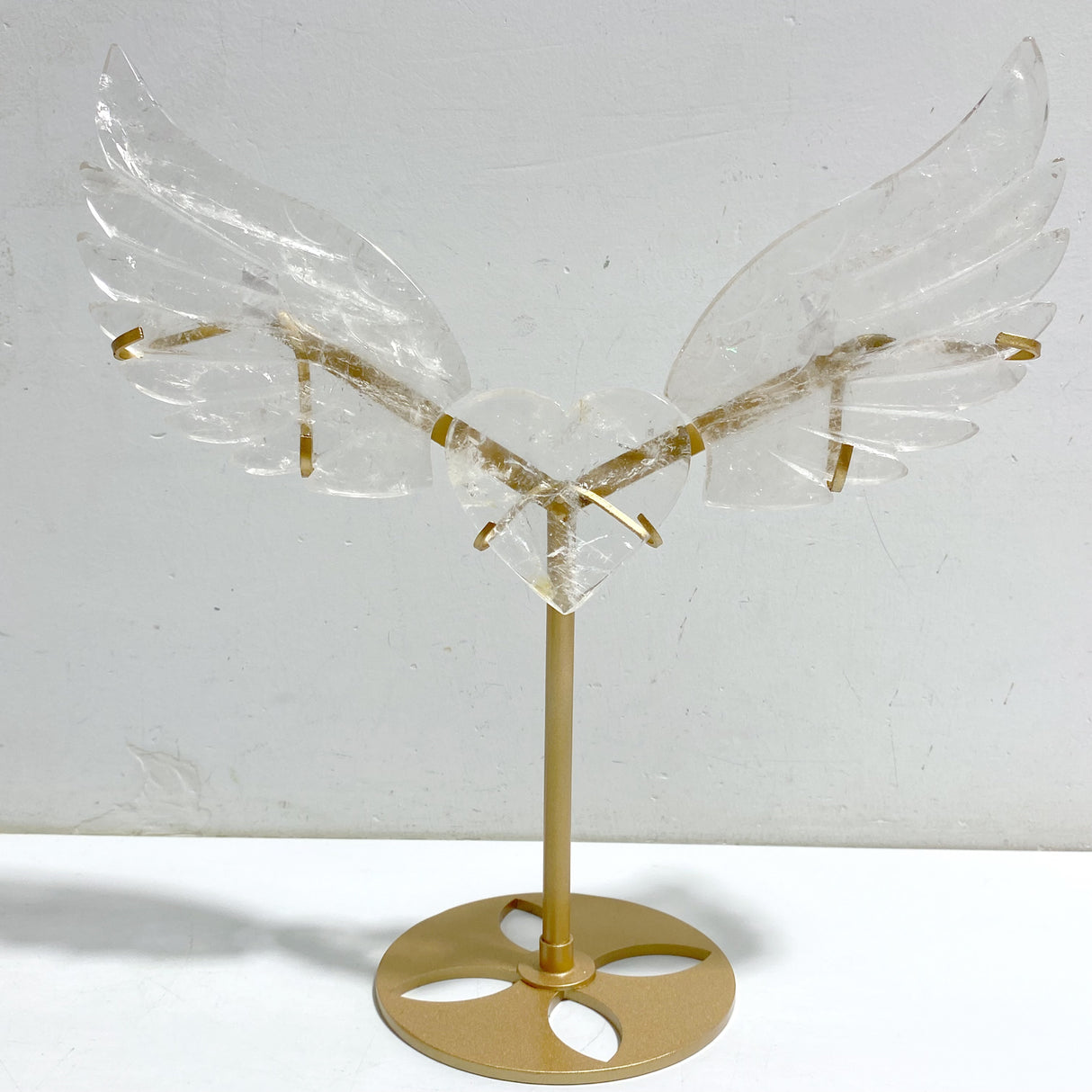 Clear Quartz Heart Wing Carving With Stand