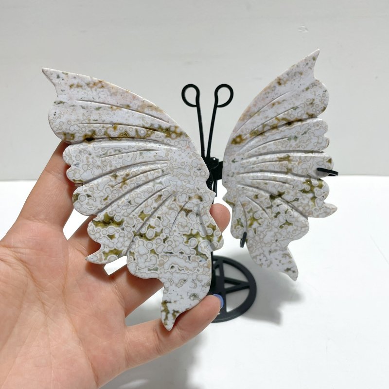 3 Pairs 8th Vein Ocean Jasper Butterfly Wing Carving With Stand #3 - Wholesale Crystals