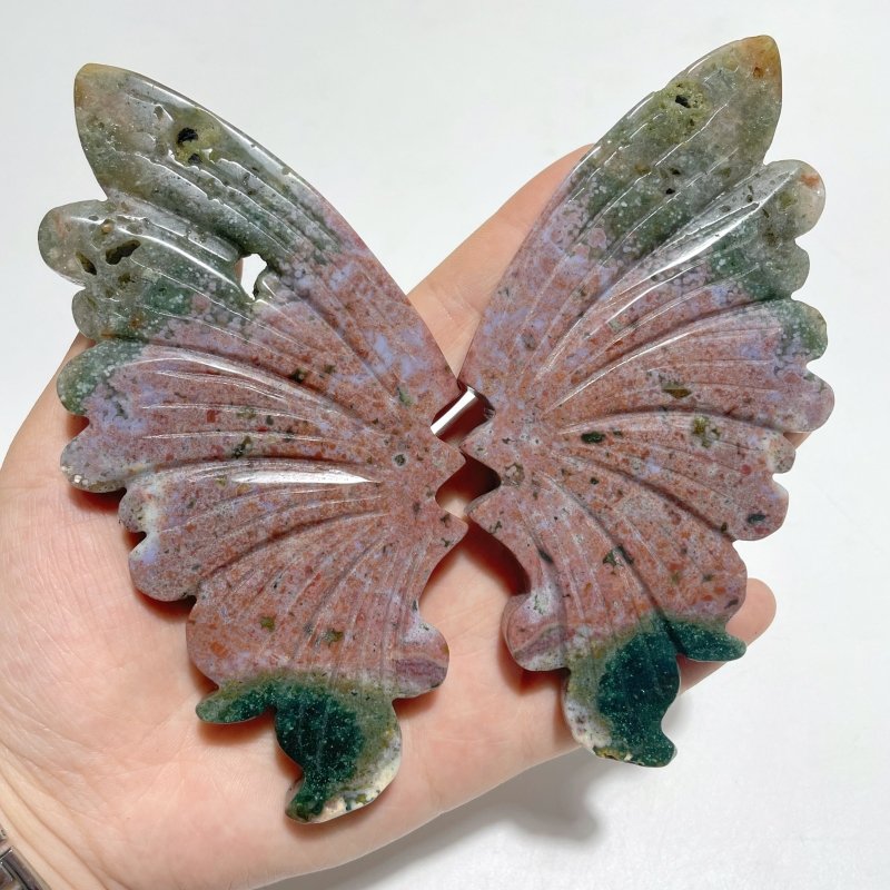 3 Pairs 8th Vein Ocean Jasper Butterfly Wing Carving With Stand #3 - Wholesale Crystals