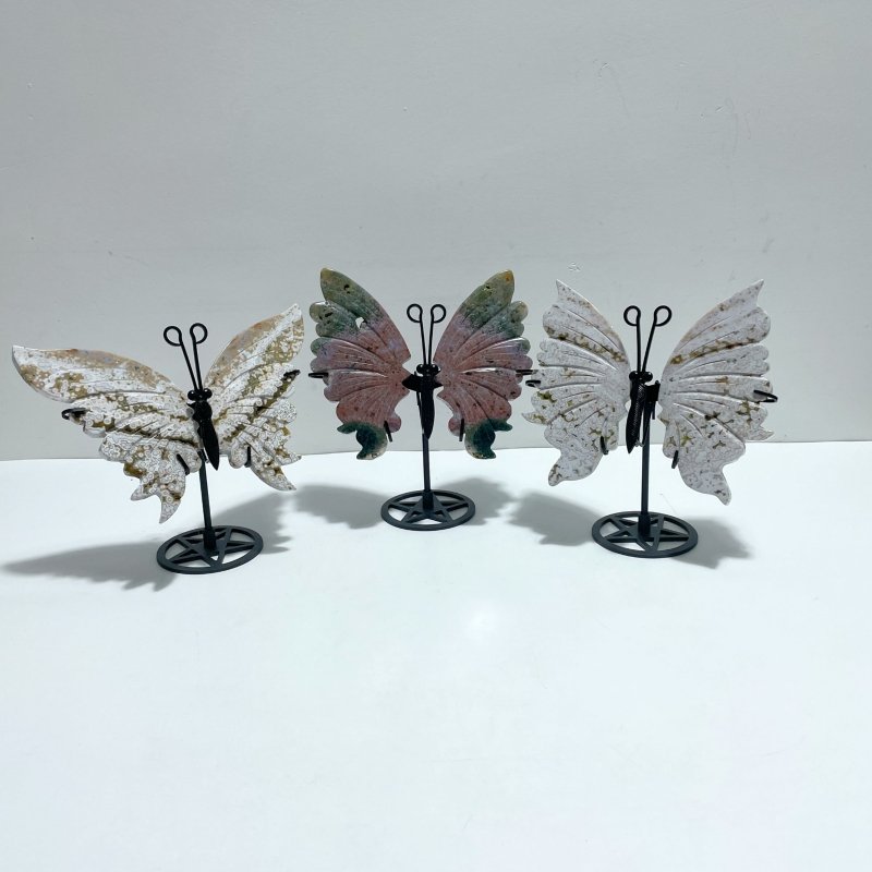 3 Pairs 8th Vein Ocean Jasper Butterfly Wing Carving With Stand #3 - Wholesale Crystals