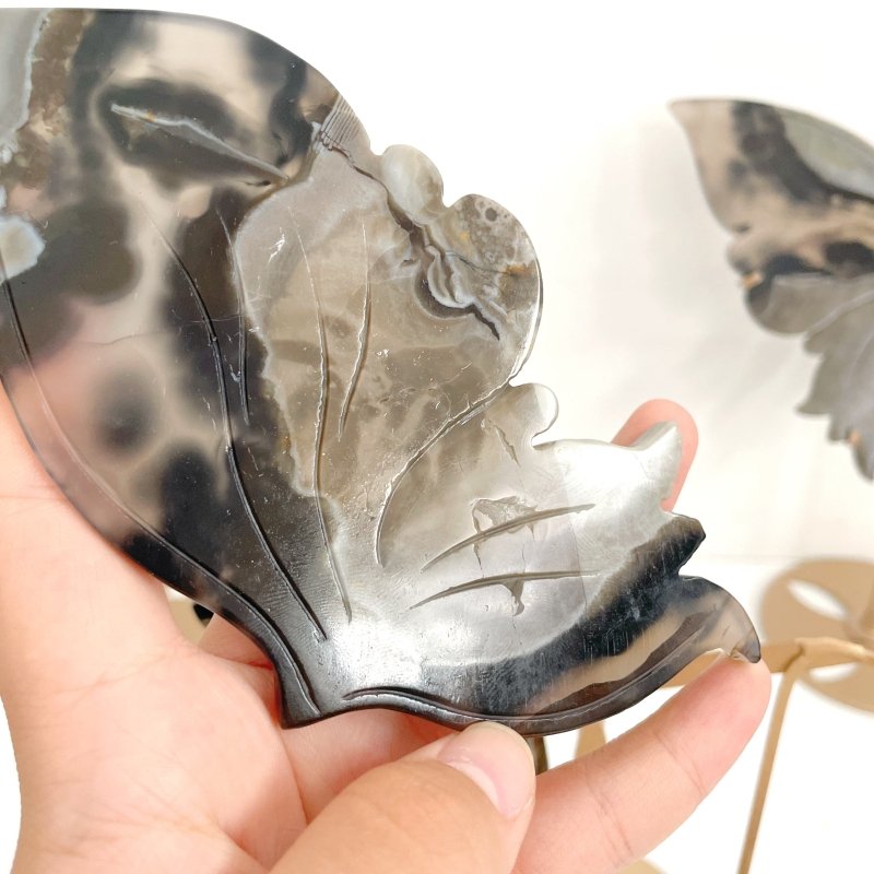 3 Pairs Volcano Agate Butterfly Wing Carving With Stand (UV Reactive) - Wholesale Crystals