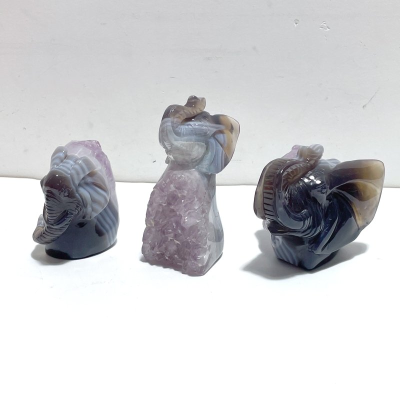 3 Pieces Amethyst Mixed Geode Druzy Agate Elephant Animal Carving A14 - Wholesale Crystals