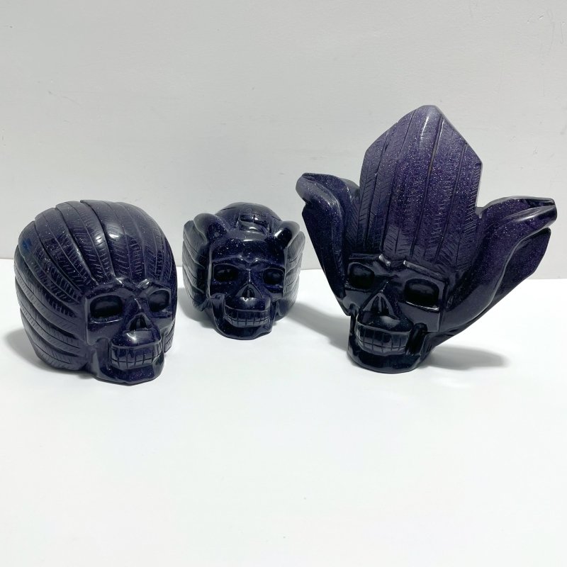 3 Pieces Blue Sandstone Indian Skull Carving - Wholesale Crystals