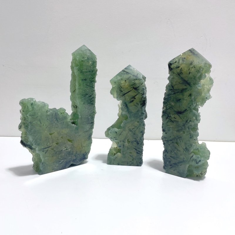 3 Pieces Large Natural Prehnite Tower Raw Side - Wholesale Crystals