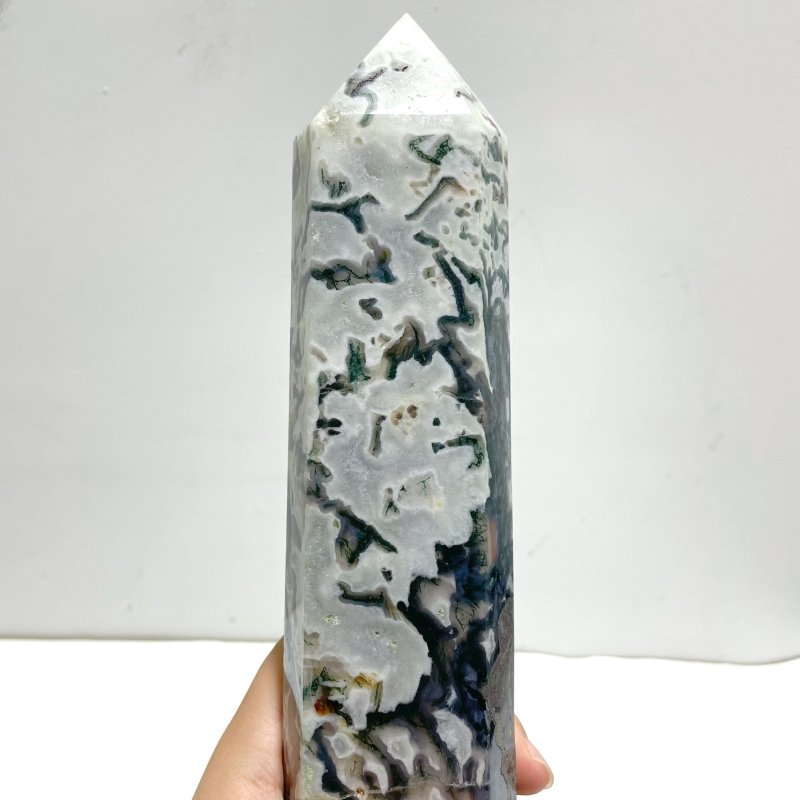 3 Pieces Tall Geode Druzy White Moss Agate Tower Points - Wholesale Crystals