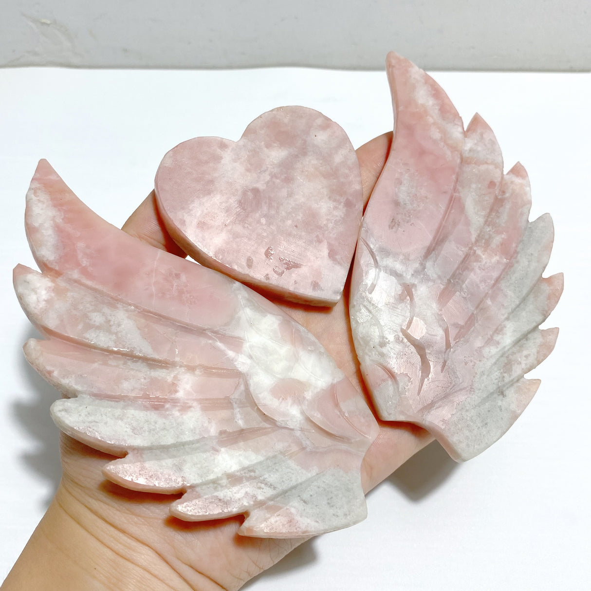 Pink Opal Heart Wing Carving With Stand