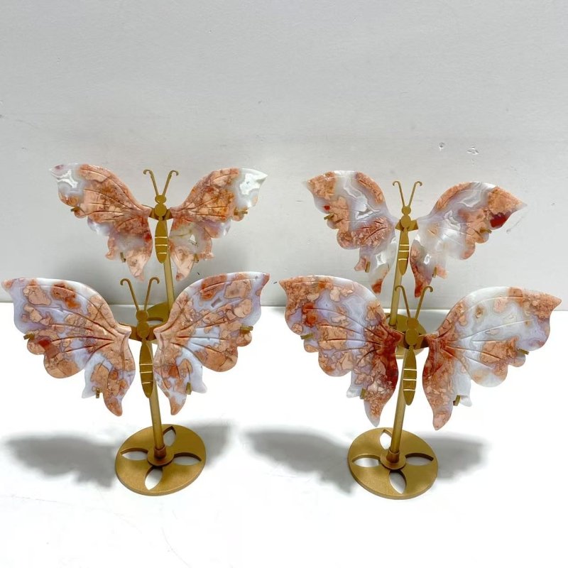 4 Pairs Pink Agate Butterfly Wing Carving With Stand - Wholesale Crystals