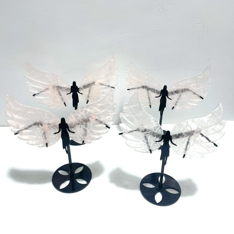 4 Pairs Rose Quartz Angel Wing Carving With Stand - Wholesale Crystals