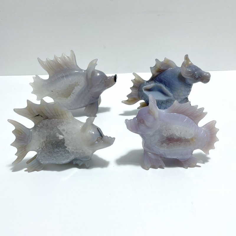 4 Pieces Geode Druzy Agate Fish with Pig&Calf Head Carving - Wholesale Crystals