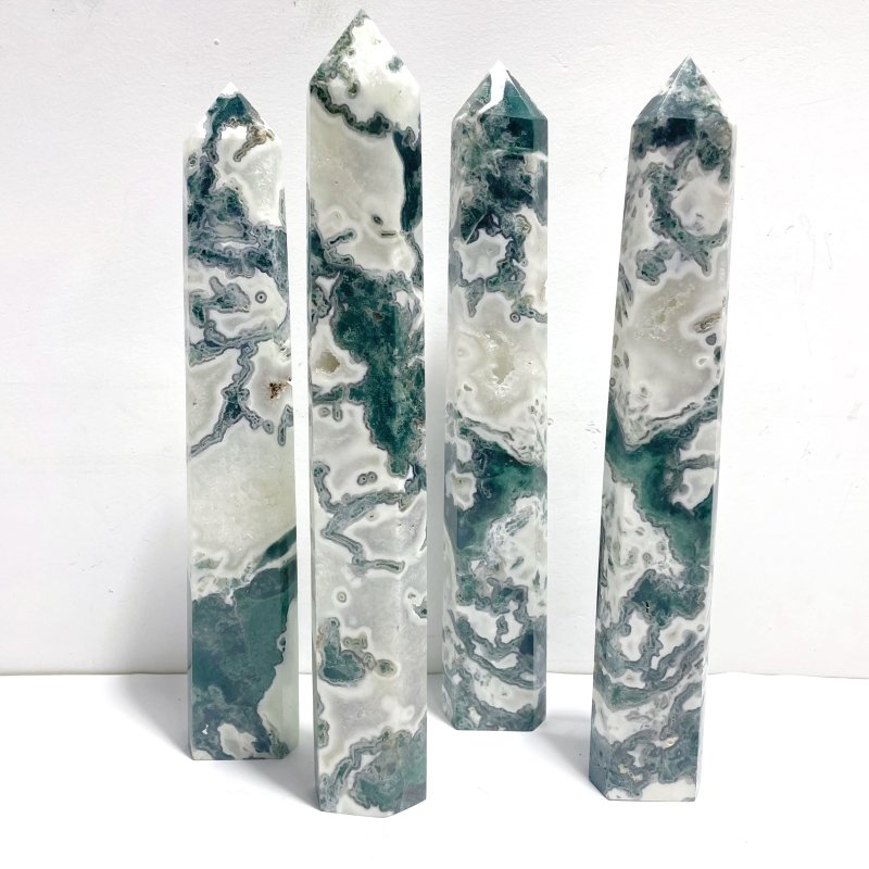 4 Pieces Tall Geode White Moss Agate Points - Wholesale Crystals