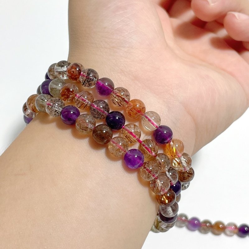 5 Pieces 7mm Super 7 Amethyst Beads 3 - Loop Bracelet/Necklace For DIY - Wholesale Crystals