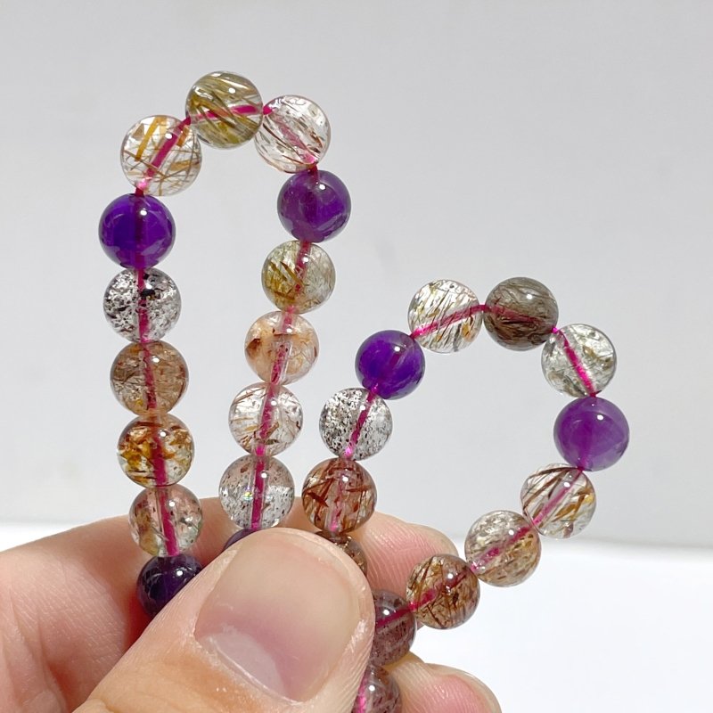 5 Pieces 7mm Super 7 Amethyst Beads 3 - Loop Bracelet/Necklace For DIY - Wholesale Crystals