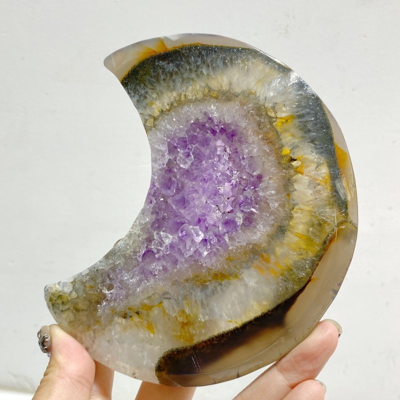 5 Pieces Large Amethyst Mixed Geode Druzy Agate Moon Carving With Stand -Wholesale Crystals
