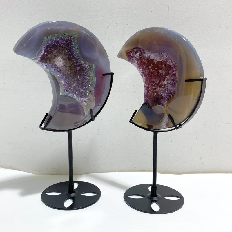 5 Pieces Large Amethyst Mixed Geode Druzy Agate Moon Carving With Stand -Wholesale Crystals
