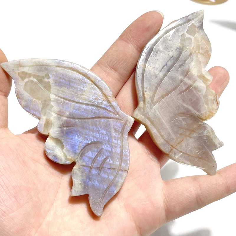 6 Pairs Sunstone Mixed Moonstone Butterfly Wing Carving With Stand - Wholesale Crystals