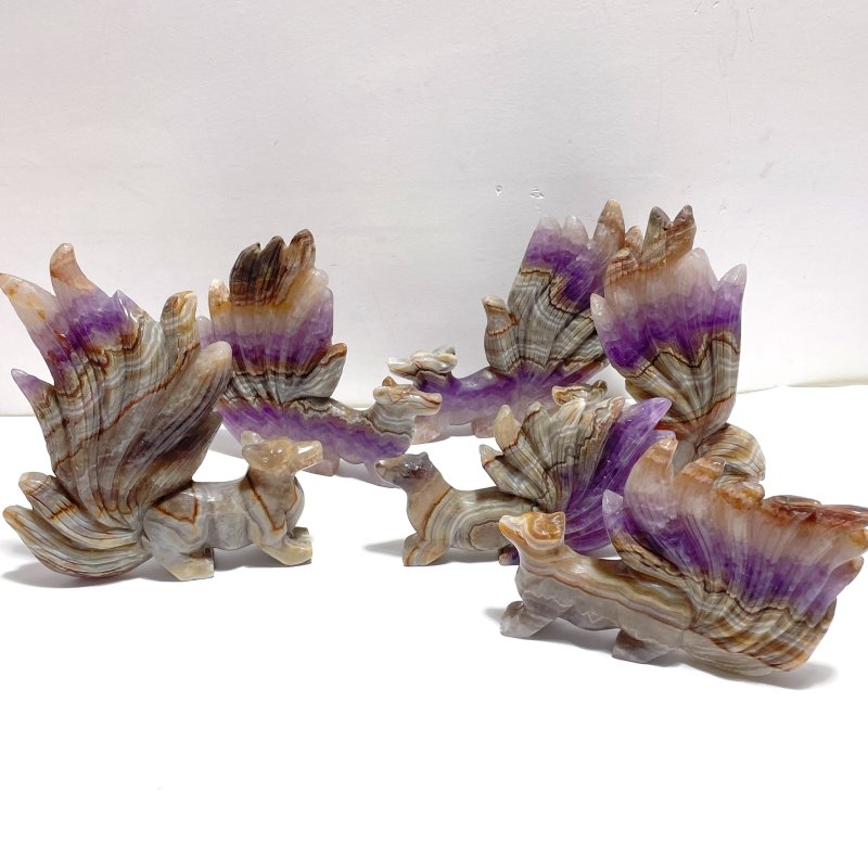 6 Pieces Amethyst Mixed Agate Nine - tailed Fox Carving - Wholesale Crystals