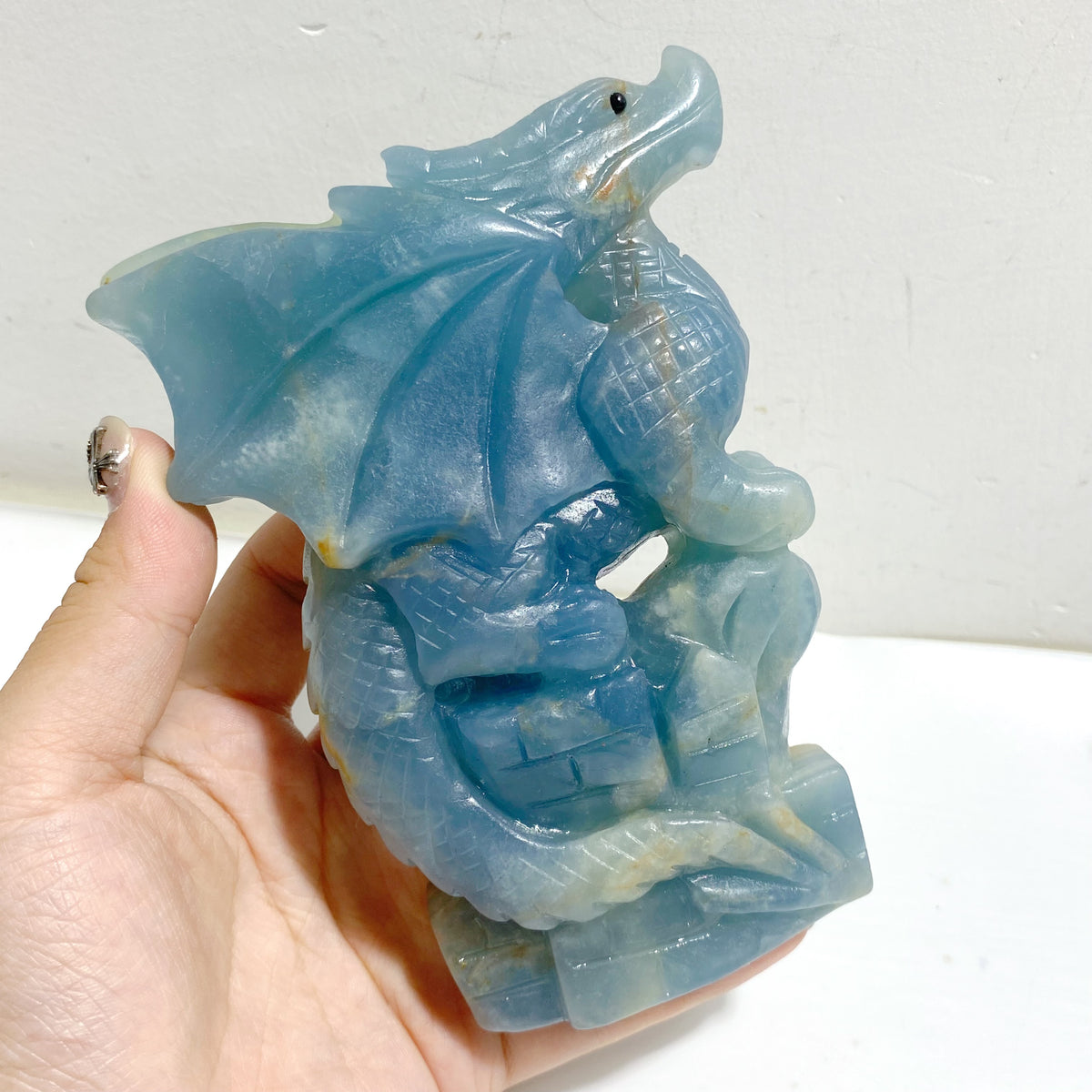 2 Pieces Blue Onyx Flying Dragon Castle Carving