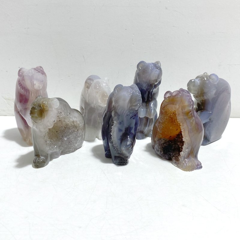 7 Pieces Geode Druzy Agate Bear Carving - Wholesale Crystals