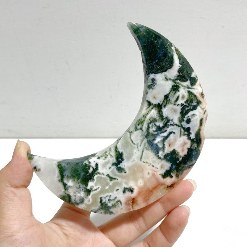 7 Pieces Large Geode Green & Pink Moss Agate Moon Carving With Stand -Wholesale Crystals