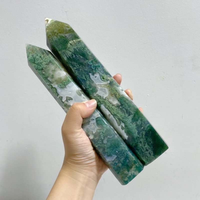 7 Pieces Large Green Moss Agate Points -Wholesale Crystals
