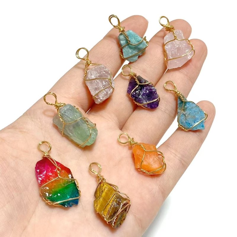 9 Types Raw Stone Crystal Pendants Wholesale Rose Quartz Chevron Amethyst Sunstone - Wholesale Crystals