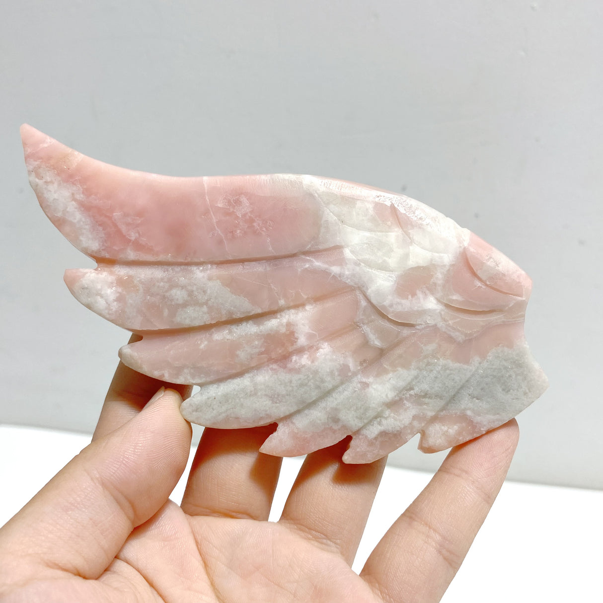 Pink Opal Heart Wing Carving With Stand