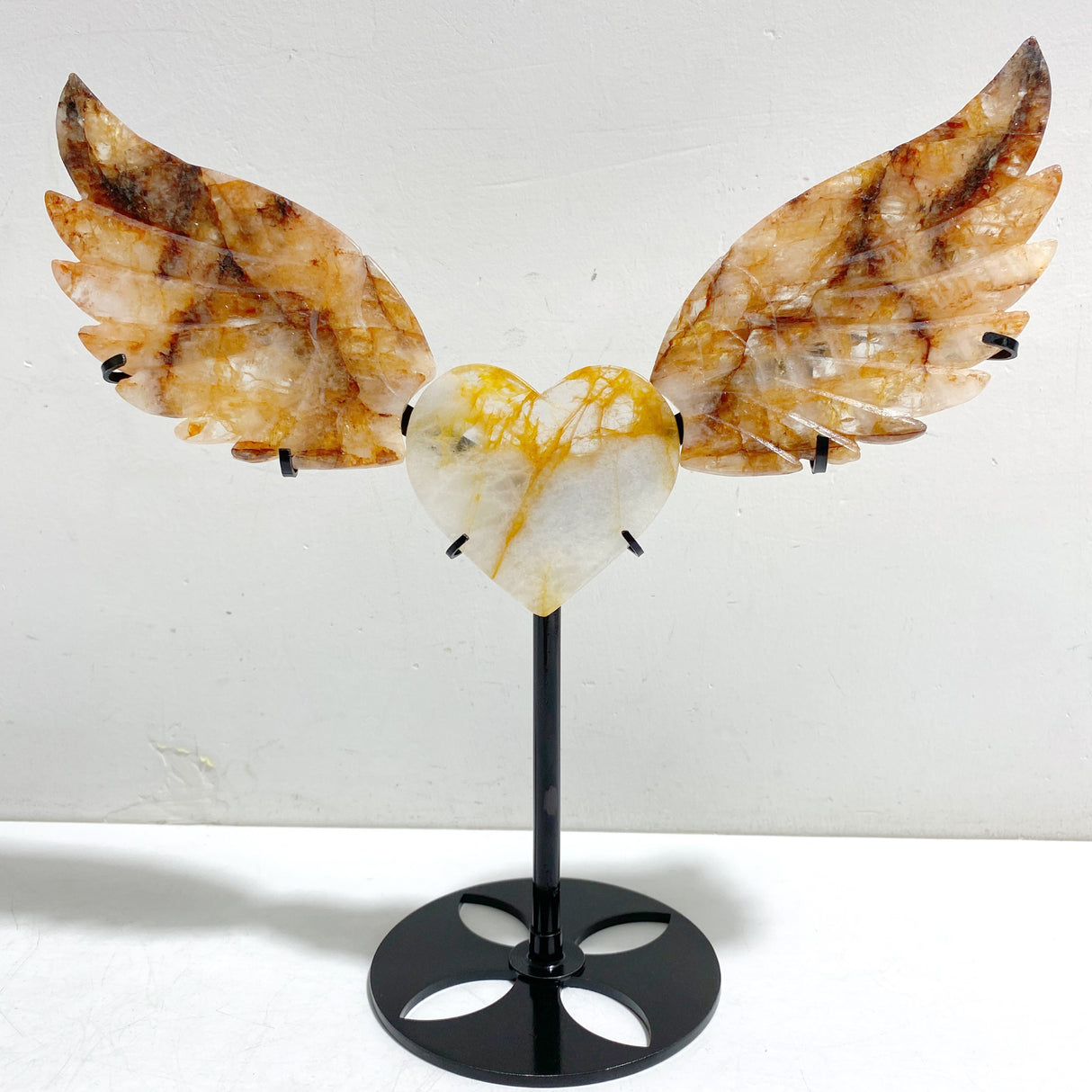 Unique Golden Hematoid Quartz Fire Quartz Heart Wing Carving With Stand