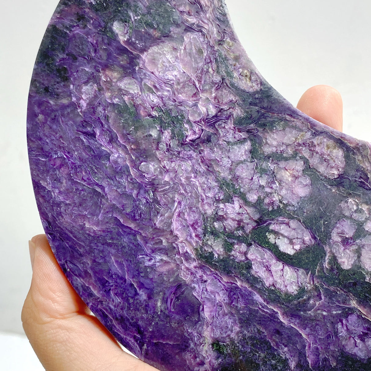 Large Charoite Moon Carving With Stand #4
