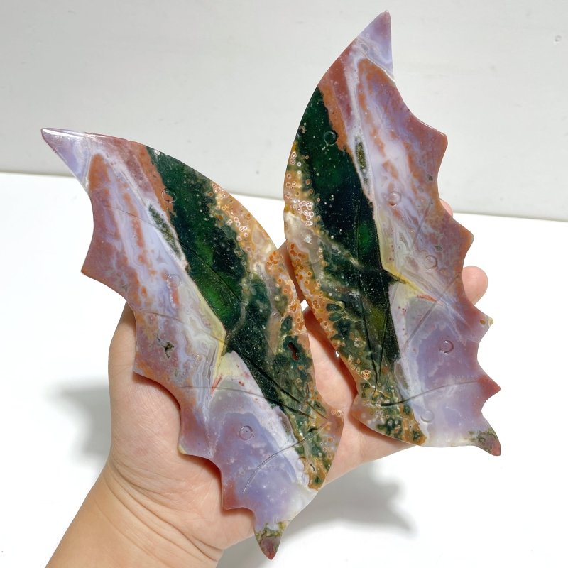 Beautiful 8th Vein Ocean Jasper Flying Dragon Wing Carving With Stand - Wholesale Crystals