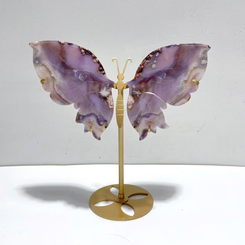 Beautiful Purple Sakura Flower Agate Butterfly Wing Carving With Stand - Wholesale Crystals