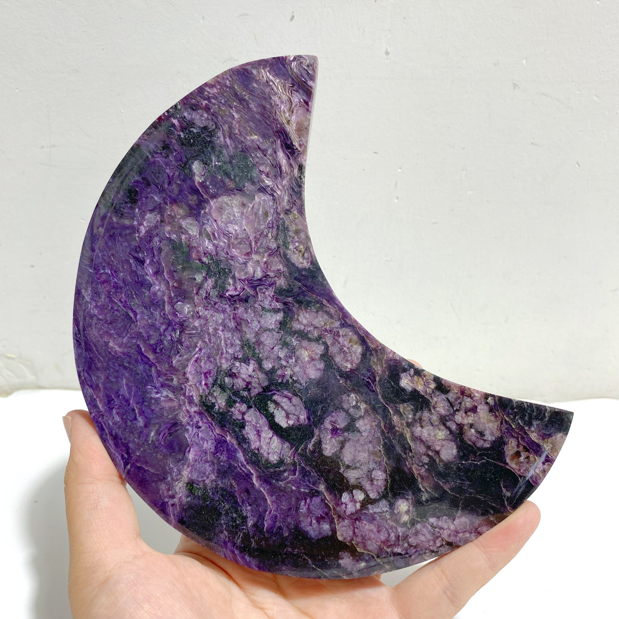 Large Charoite Moon Carving With Stand #4